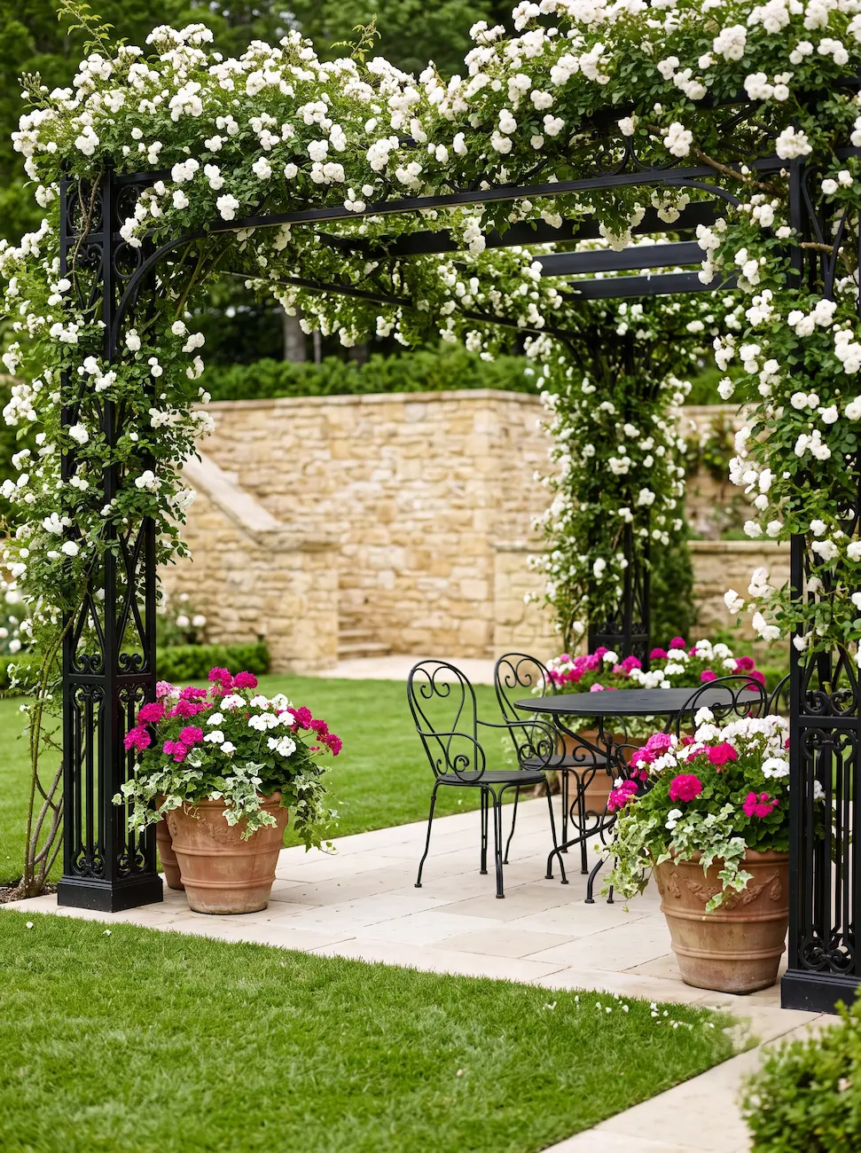 Pérgola Clásica Con Rosas Blancas Topografía a Dos Niveles Pérgola De Forja Muro De Piedra Y Cascada Botánica