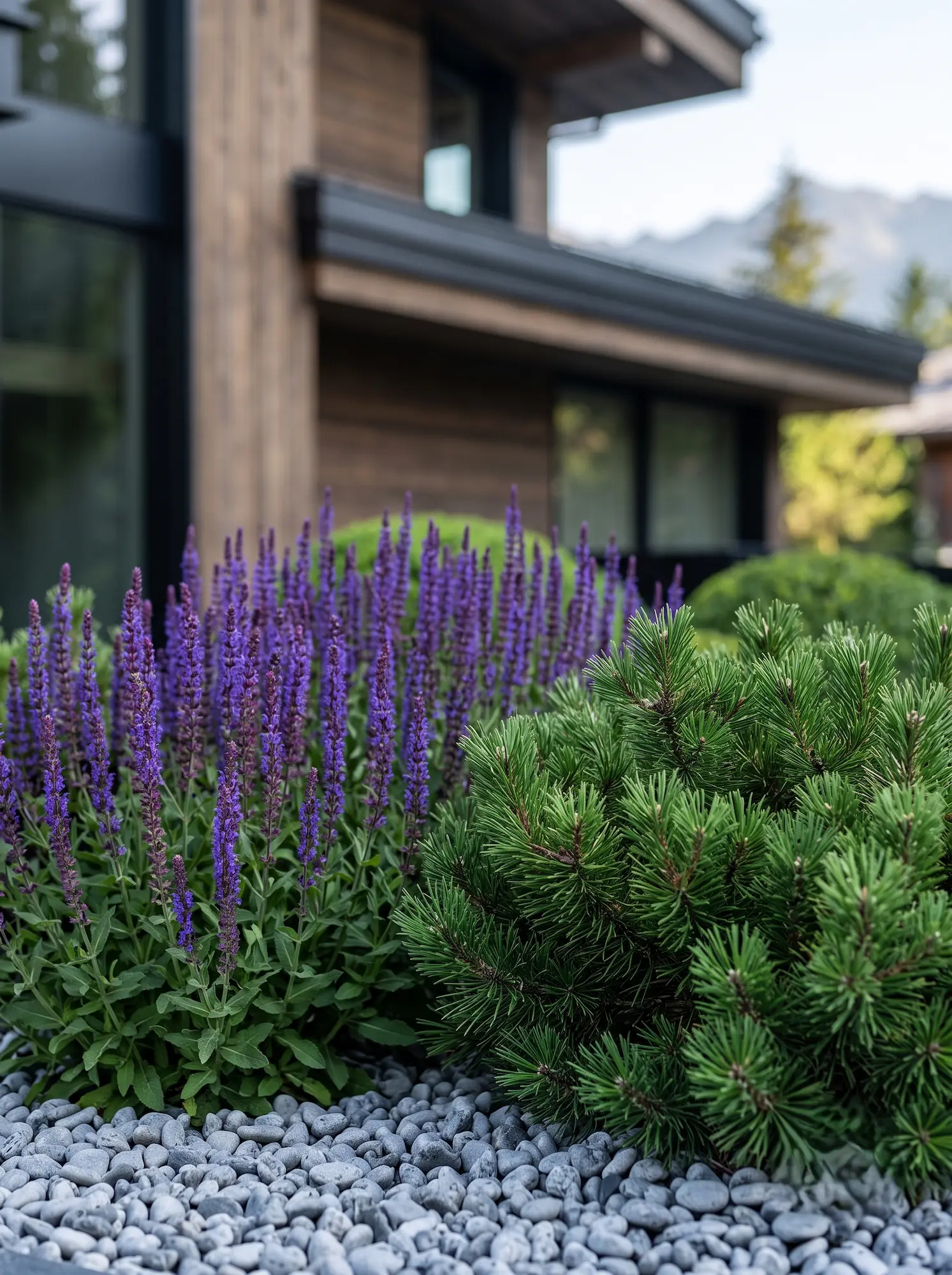 Pinus Mugo Y Salvia Escalado Vertical Y Geometría Relajada Cipreses Boj Natural Y Salvia En La Entrada