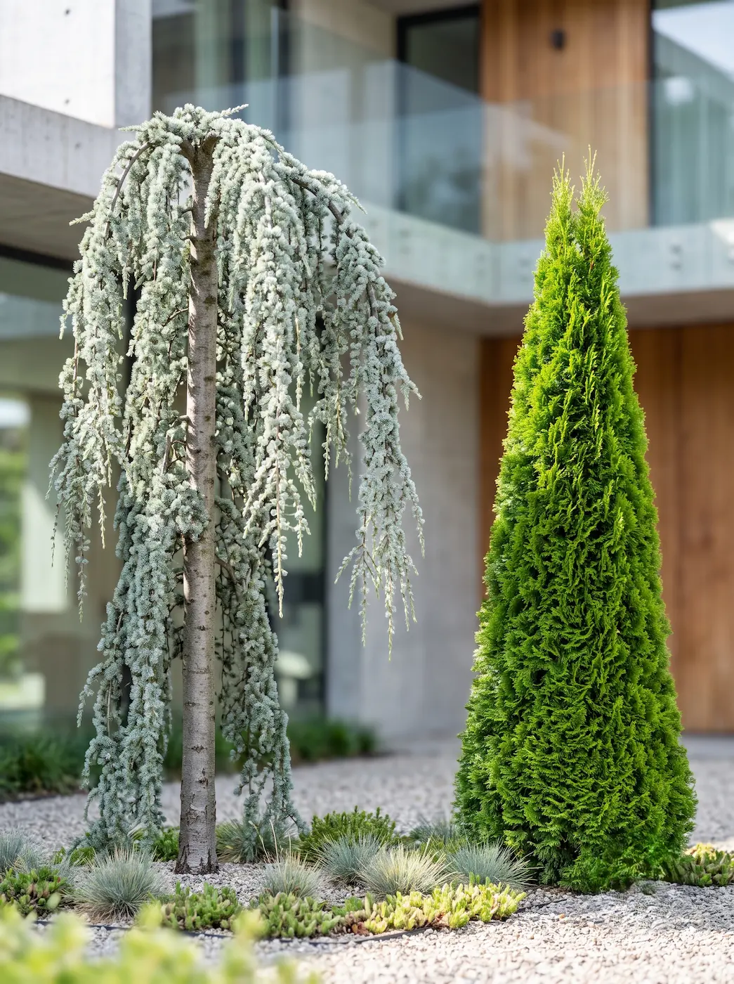 thuja occ esmeralda y cedro pendula | jardinesconestiloes Thuja Occ Esmeralda Y Cedro Pendula Orden Escultural Y Fricción Cromática Cedro Thujas Y Loropetalum