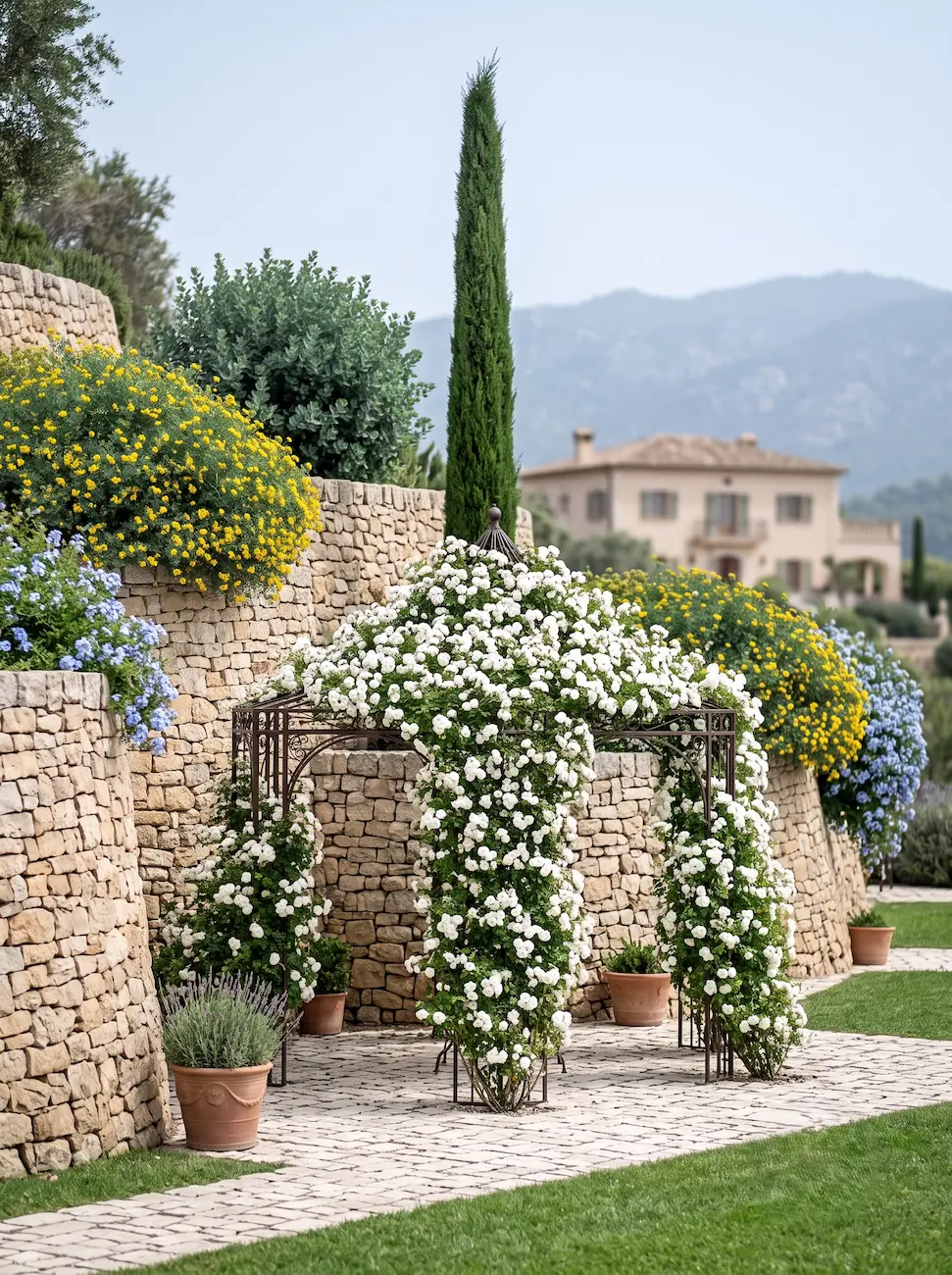 Vista Pérgola Rosa Blanca Coronilla Y Plumbago Topografía a Dos Niveles Pérgola De Forja Muro De Piedra Y Cascada Botánica
