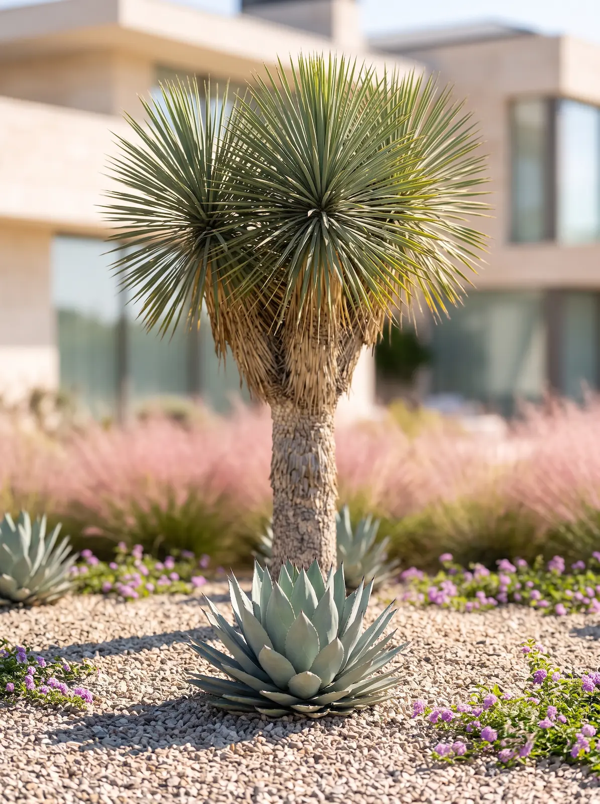 yucca rostrata y agave | jardinesconestiloes Yucca Rostrata Y Agave Oasis De Grava Paisajismo Xerófito Con Yuccas Agaves Y Bruma Rosada