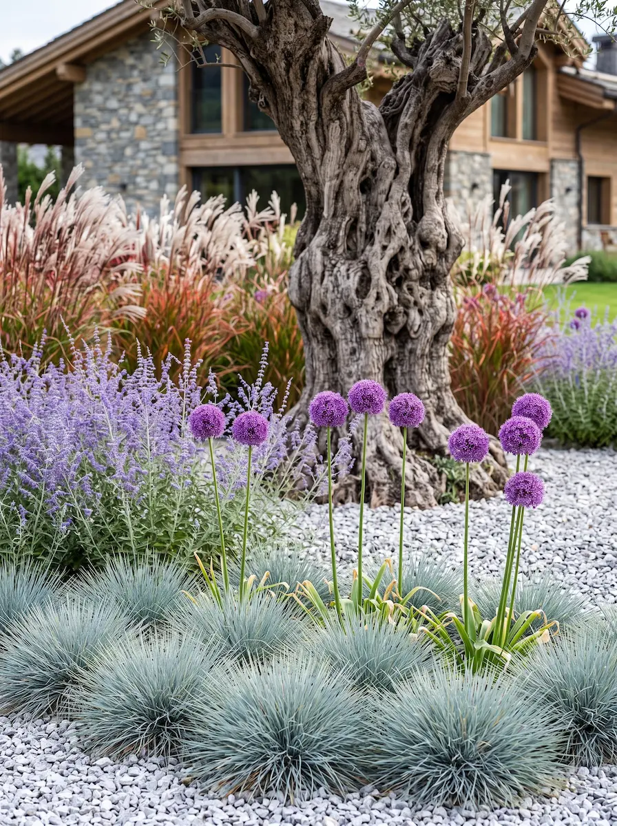 Allium Globemaster Sobre Festuca Glauca La Arquitectura Del Viento Y La Plata Olivo Ejemplar Miscanthus lady in Red Y Festuca