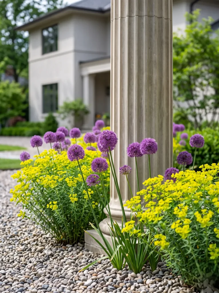 Allium Millenium Y Euphorbia Seguieriana La Tensión Clásica Allium Lavanda Y El Eje Dórico'Millenium', entremezclados con finas texturas amarillas brillantes de Euphorbia seguieriana. Las plantas crecen orgánicamente sobre la grava.
