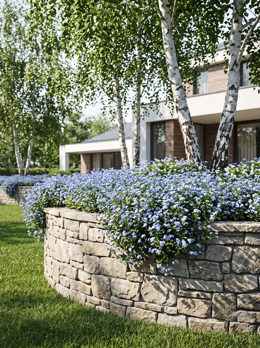 Betula y Myosotis | jardinesconestiloes Betula Y Myosotis Tectónica De La Sombra La Escultura Vegetal Sobre Piedra Semicircular