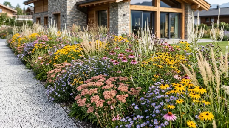 Bordura Naturalista De Otoño Con Rudbeckia Y Equinácea Sobre Grava La Arquitectura Del Otoño Rudbeckia Equinácea Y Gramíneas Sobre Grava