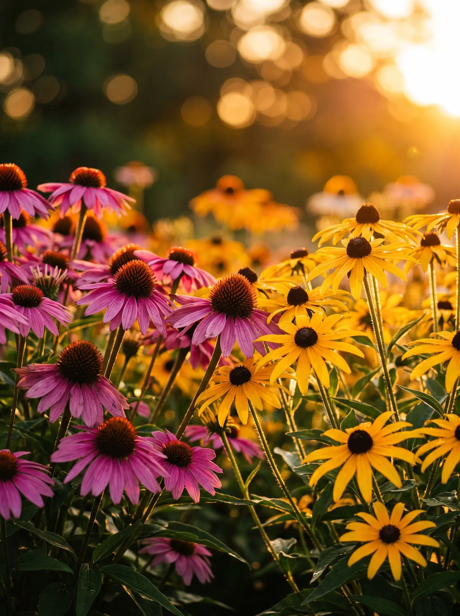 Contraste Estricto De Echinacea Purpurea Y Rudbeckia Fulgida La Bruma Iluminada Contraluz Y Naturalismo Con Panicum Y Equináceas
