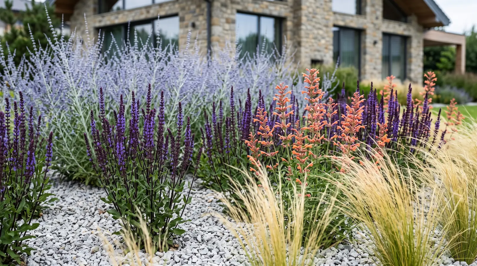 Contraste Vertical Entre Agastache Rupestris Y Salvia Nemorosa Caradonna El Oasis Xérico Estructurando El Secano Con Agastache Salvia Y Perovskia'Caradonna' con tallos casi negros y flores violetas, intercaladas nítidamente con Agastache rupestris de flores color salmón y naranja. En primera línea, una matriz de Stipa tenuissima dorada mecida por el viento. Estricta separación anatómica, cero tierra visible.