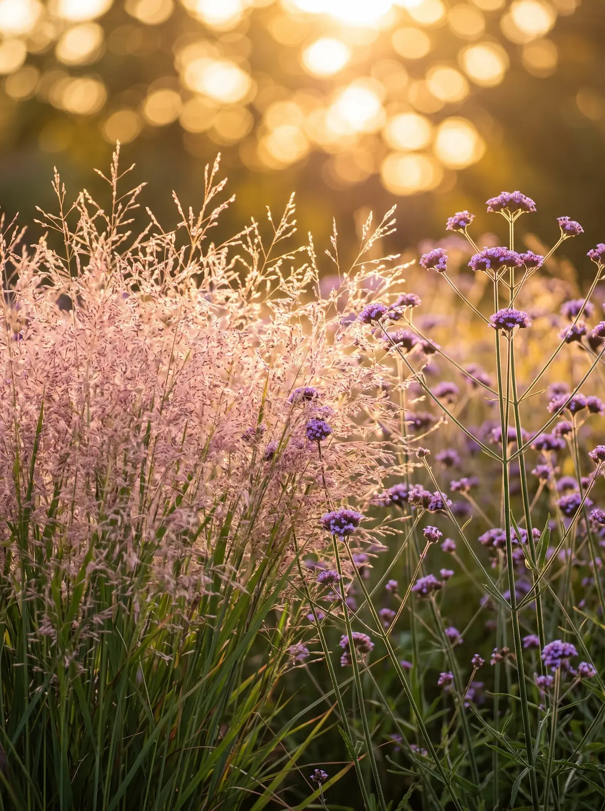 Detalle de Panicum virgatum y Verbena bonariensis a contraluz | jardinesconestiloes Detalle De Panicum Virgatum Y Verbena Bonariensis a Contraluz Inicio'Blue Fountain' y los tallos finos con flores púrpuras de Verbena bonariensis. La luz trasera crea un borde brillante (glowing rim effect) alrededor de cada tallo y flor. Las especies mantienen separación anatómica. Fondo convertido en círculos de luz cálida.