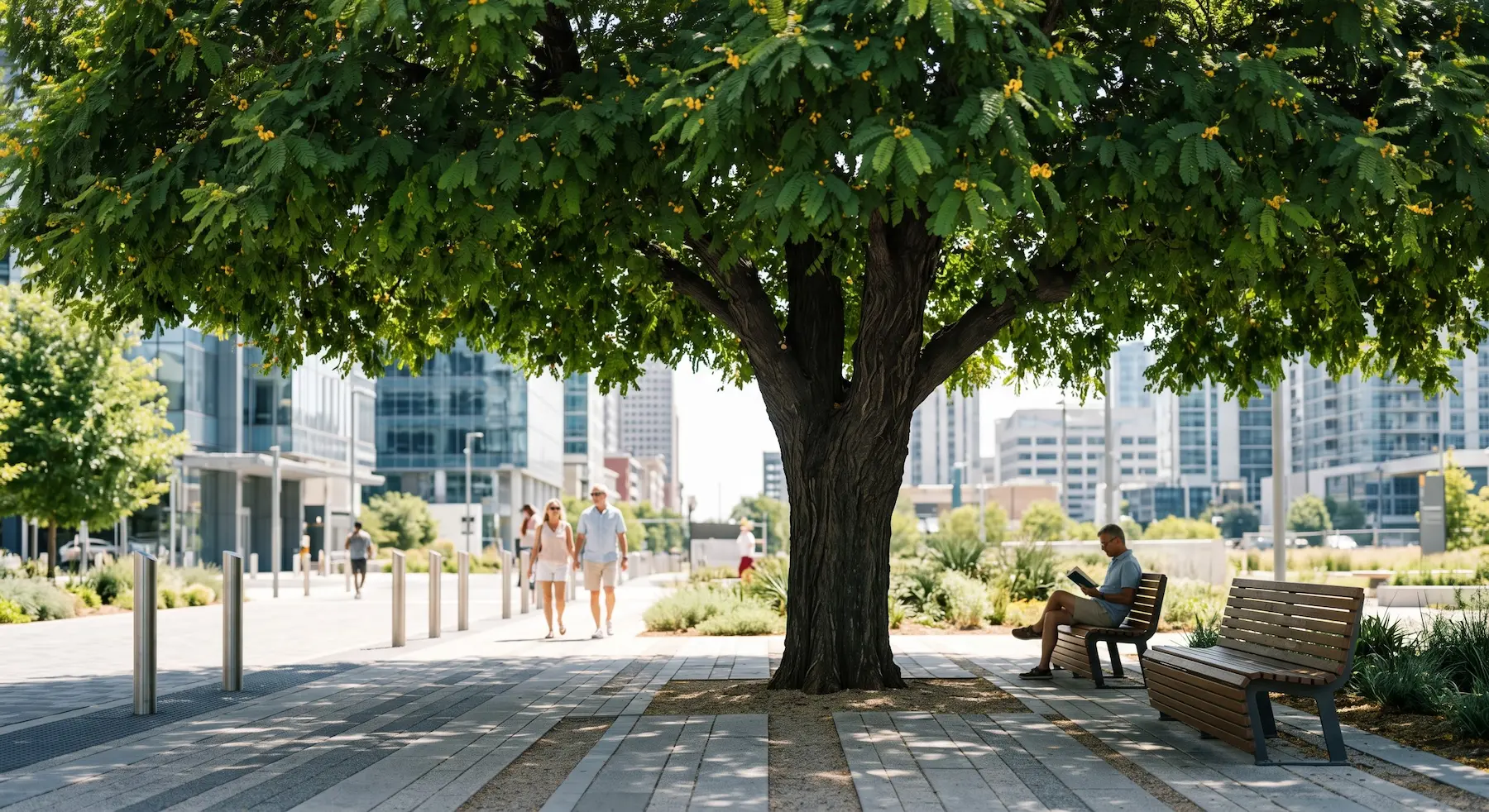 Foto Panorámica Del Bulevar Moderno Con La Sombra De La Tipuana Los Aires Acondicionados De Hoja Y Raíz El Regreso De La Tecnología Que Siempre Enfrió Las Ciudades