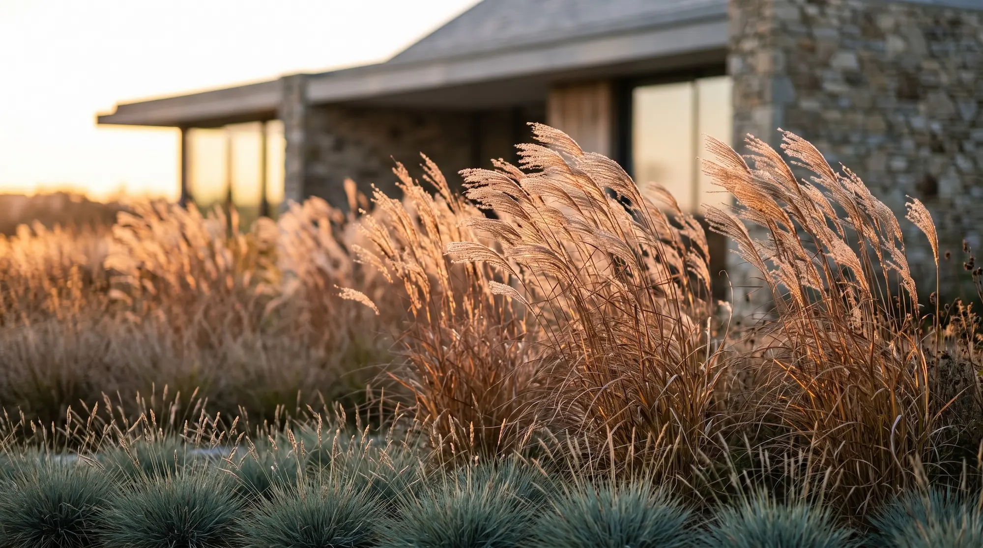 Fotografía Panorámica De Un Macizo Masivo De Miscanthus Sinensis Diseñar Con El Viento La Era De Las Gramíneas