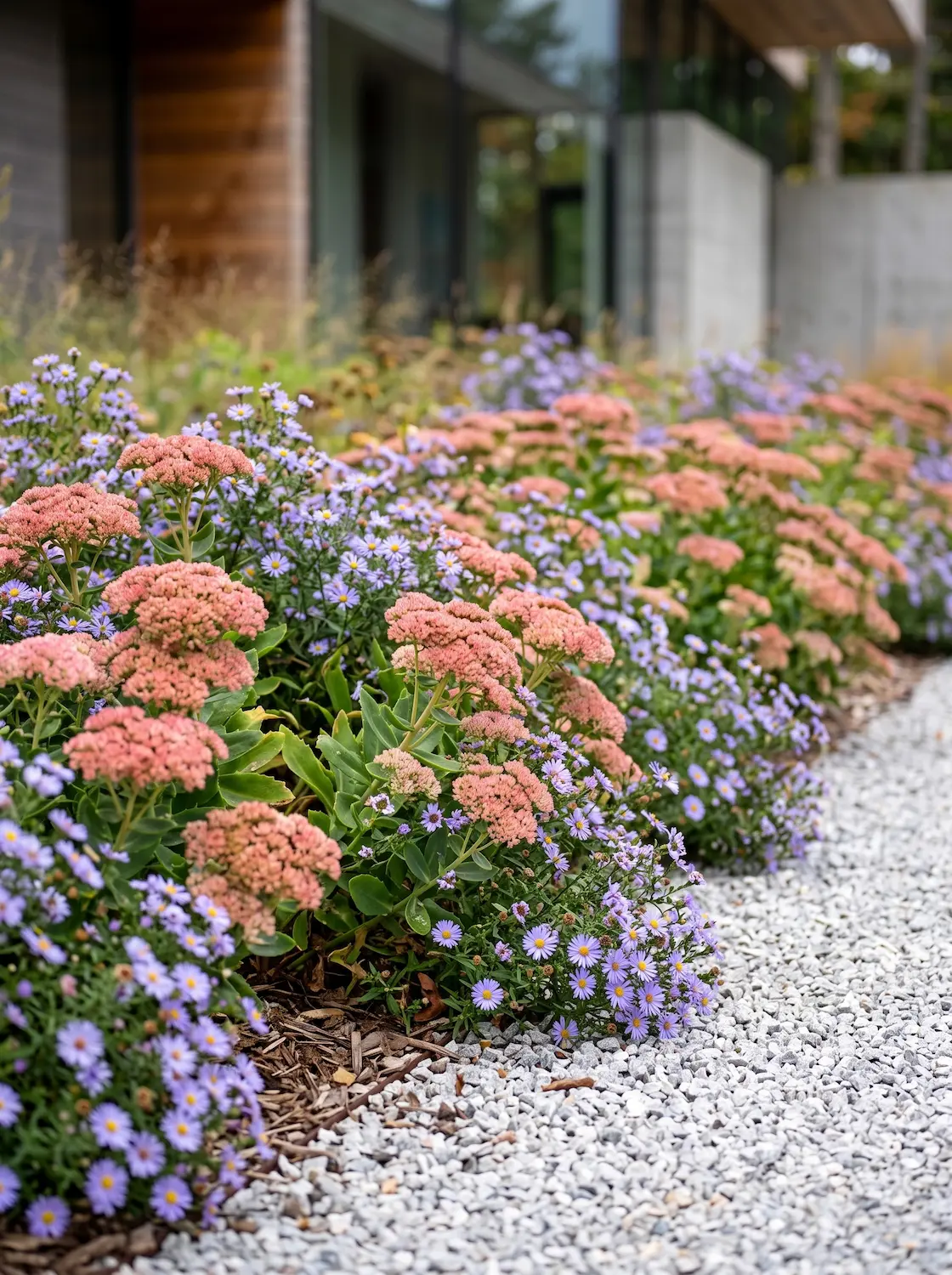Fricción textural entre Sedum Autumn Joy y Aster amellus | jardinesconestiloes Fricción Textural Entre Sedum Autumn Joy Y Aster Amellus La Arquitectura Del Otoño Rudbeckia Equinácea Y Gramíneas Sobre Grava