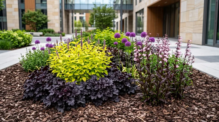 Vista panorámica nítida de un macizo botánico de alto contraste en un patio moderno de sede corporativa. Suelo completamente sellado con corteza de pino oscura, cero tierra visible. En el centro, un grupo luminoso de Agastache foeniculum 'Golden Jubilee' con hojas amarillo flúor y espigas violetas. Envolviendo su base, una masa densa de Heuchera 'Obsidian' de hojas color púrpura casi negro. Emergiendo a los lados, tallos burdeos verticales con flores rosa pálido de Penstemon 'Dark Towers'. Intercaladas, esferas moradas perfectas de Allium 'Millenium'. Arquitectura moderna de piedra y cristal en el fondo. Estricta separación anatómica sin fusión.