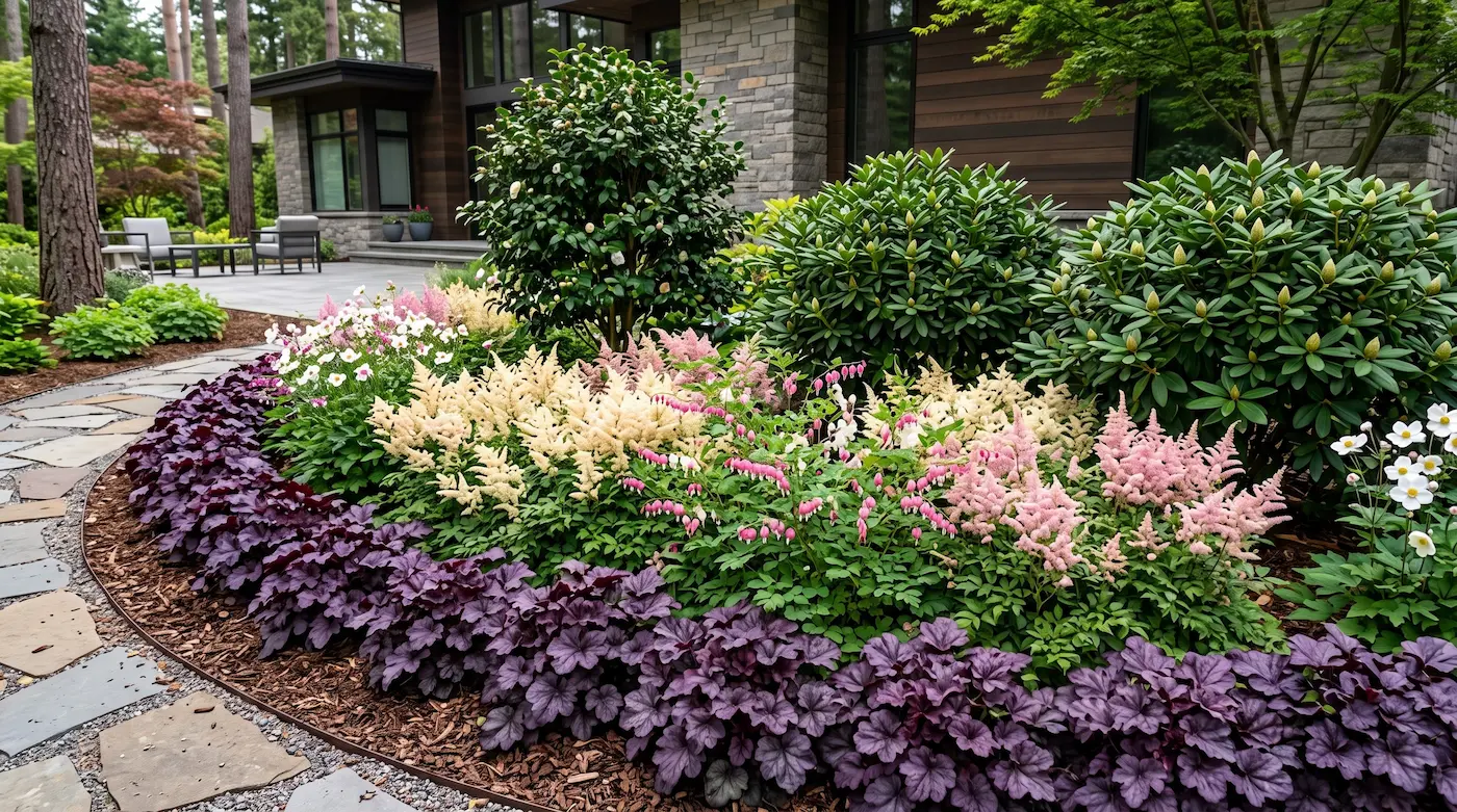 Macizo de umbría en tres niveles con Camelia Rododendro Astilbe y Heuchera | jardinesconestiloes Macizo De Umbría En Tres Niveles Con Camelia Rododendro Astilbe Y Heuchera El Dominio De La Umbría Estructurando El Color Con Camelia Rododendro Y Astilbe