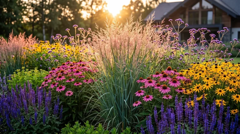 Macizo Estival Hiperdenso Con Panicum Echinacea Y Rudbeckia a Contraluz La Bruma Iluminada Contraluz Y Naturalismo Con Panicum Y Equináceas