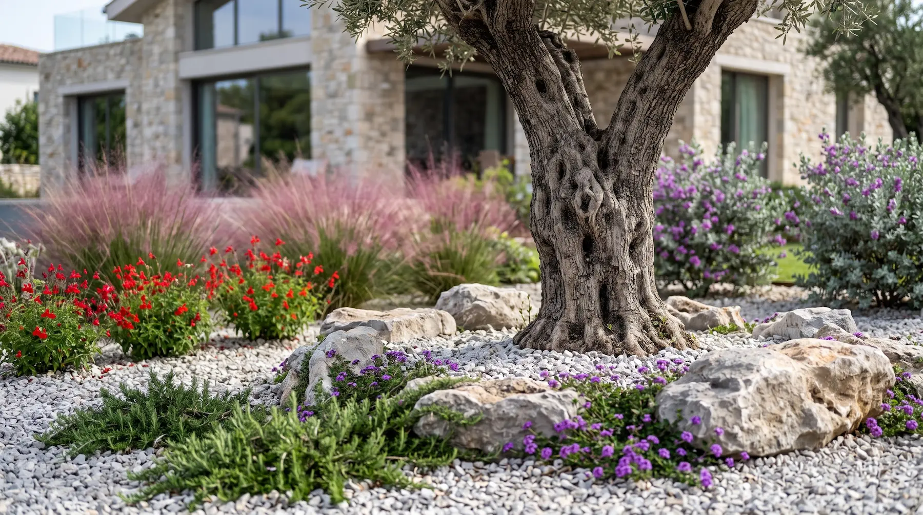 Macizo Mediterráneo Estructurado Con Olivo Ejemplar Cenizo Y Grava El Eje Escultural Estructurando 40 M² Con Olivo Ejemplar Cenizo Y Grava'Prostratus' y Verbena rigida reptan sobre la piedra. Sin fusión anatómica entre las especies.