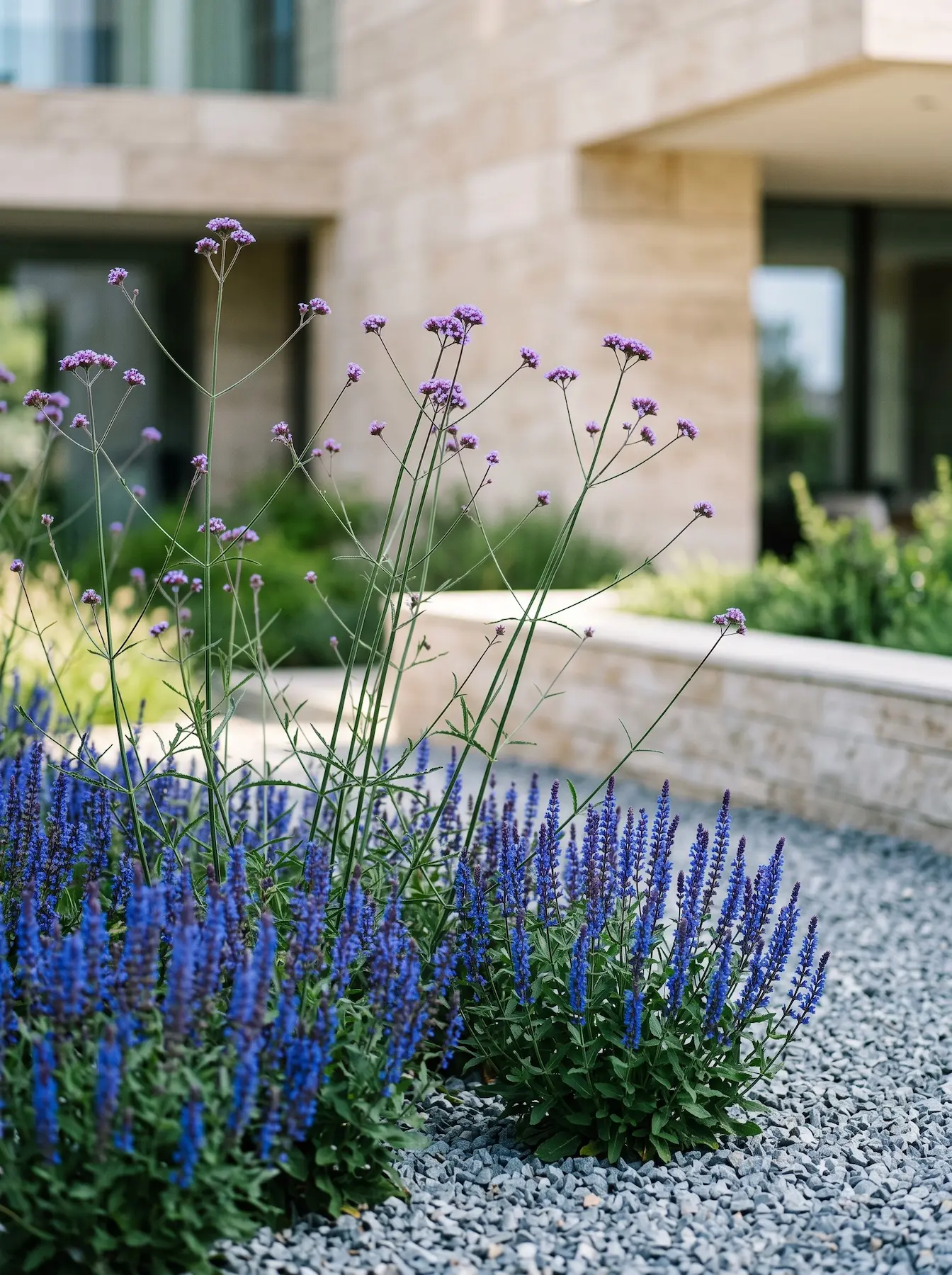 Masas De Salvia Nemorosa Y Velo De Verbena Bonariensis Tensión Escultural Y Movimiento Estructurando El Mediterráneo Con Agave Algodón Variegado Y Gramíneas