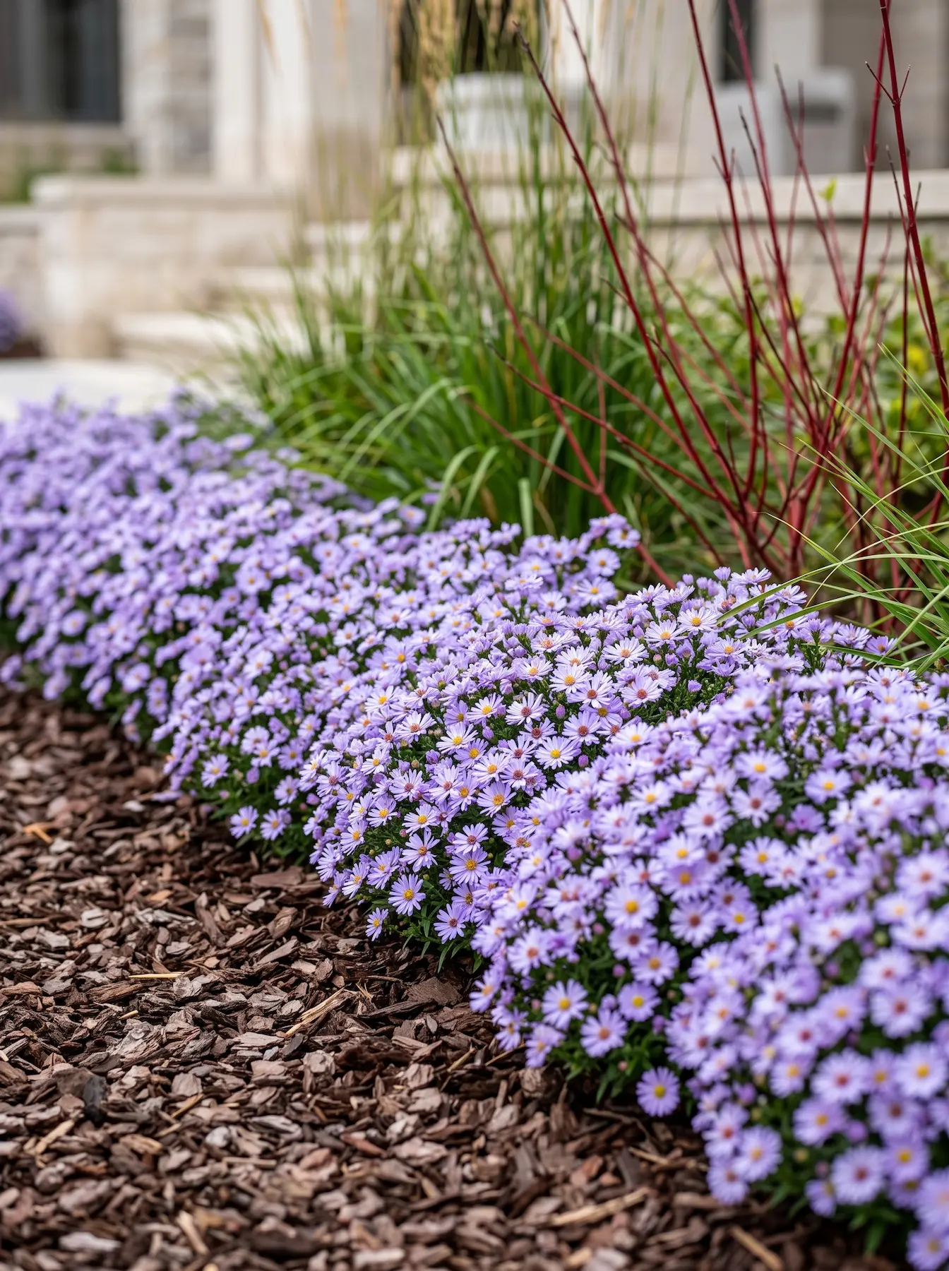 Derivas De Symphyotrichum Little Carlow a Ras De Suelo El Clímax Del Otoño Continental Estructurando El Frío Con Altea Cornejo Y Áster