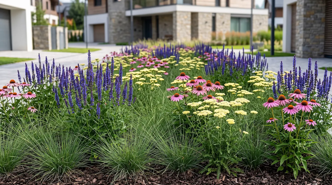 Pradera naturalista con Agastache Echinacea Achillea y Sporobolus | jardinesconestiloes Pradera Naturalista Con Agastache Echinacea Achillea Y Sporobolus El Eje Vertical Y La Densidad Oscura Agastache blue Fortune O black Adder'Blue Fortune', grandes discos planos rosados de Echinacea purpurea 'Magnus', y plataformas horizontales de color amarillo pálido de Achillea 'Moonshine'. Estricta separación anatómica de los tallos.