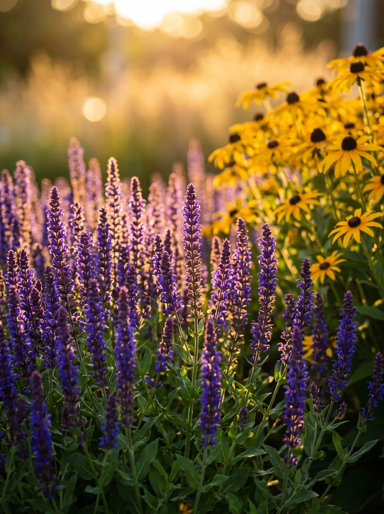 Salvia Nemorosa Iluminada Por El Sol De Poniente La Bruma Iluminada Contraluz Y Naturalismo Con Panicum Y Equináceas