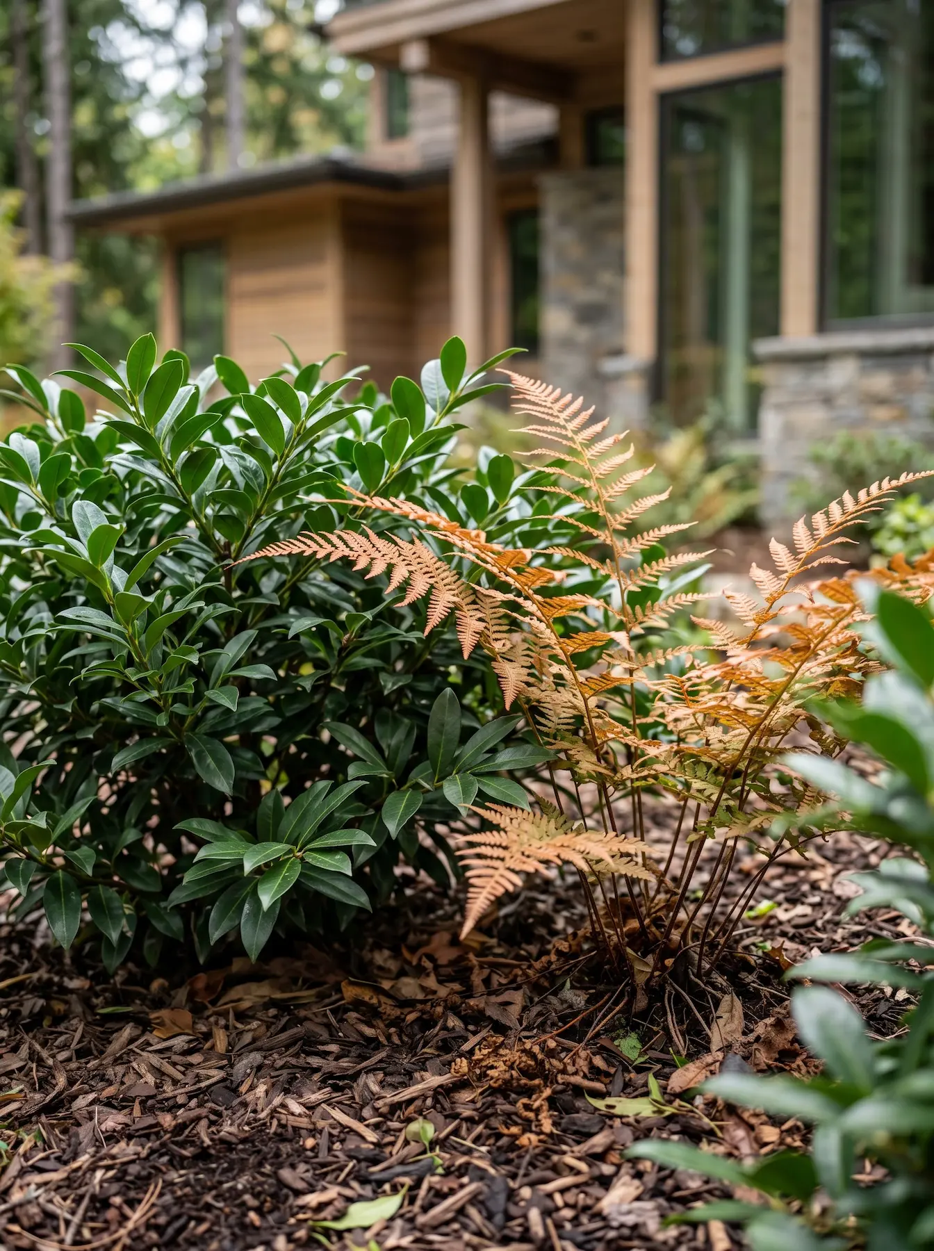 Sarcococca Confusa Y Dryopteris Erythrosora La Iluminación Botánica En Semisombra Osmanto Hortensia Y Helechos