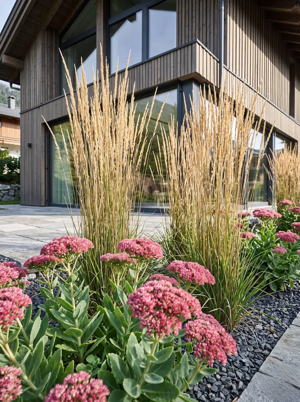 Sedum Autumn Joy Y Calamagrostis La Tensión Del Rosa Arquitectura Floral Con Escallonia Weigela Y Equinácea
