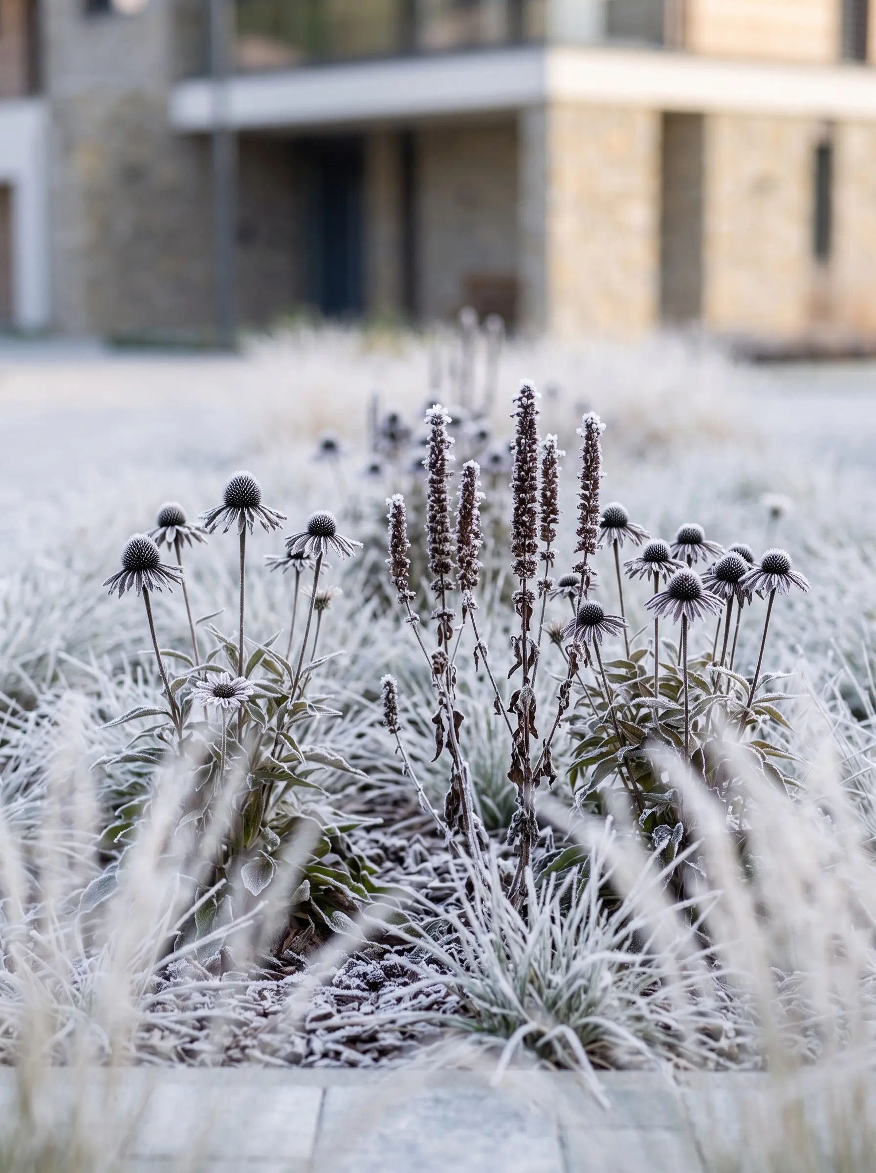 Senescencia invernal de Echinacea y Agastache cubiertos de escarcha | jardinesconestiloes Senescencia Invernal De Echinacea Y Agastache Cubiertos De Escarcha El Eje Vertical Y La Densidad Oscura Agastache blue Fortune O black Adder