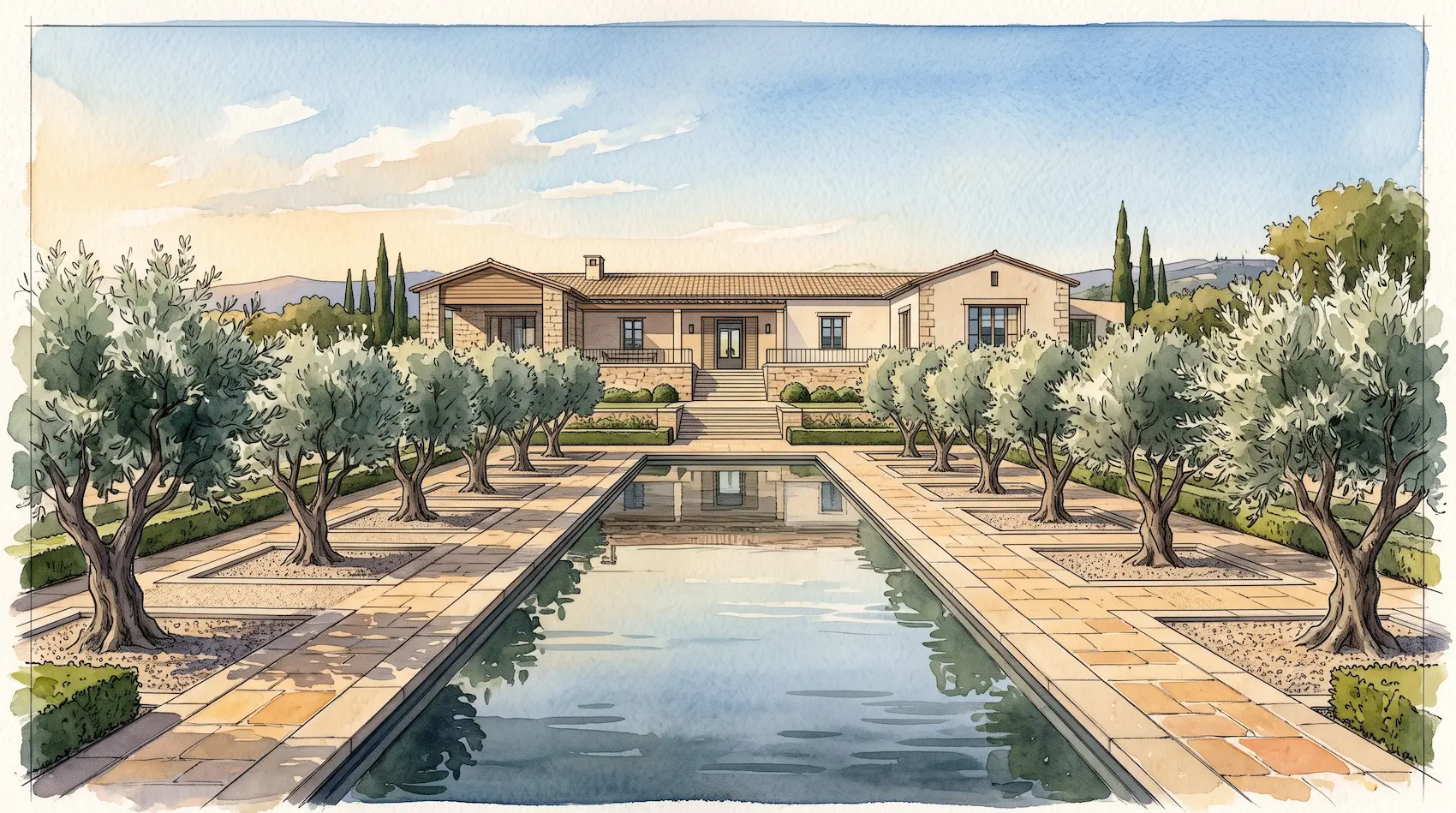 Acuerela De Finca Rústica Con Acequia Central Y Olivos Flanqueando La Arquitectura De La Luz El Legado De Fernando Caruncho Y La Redención Del Paisaje Frente Al Asfalto