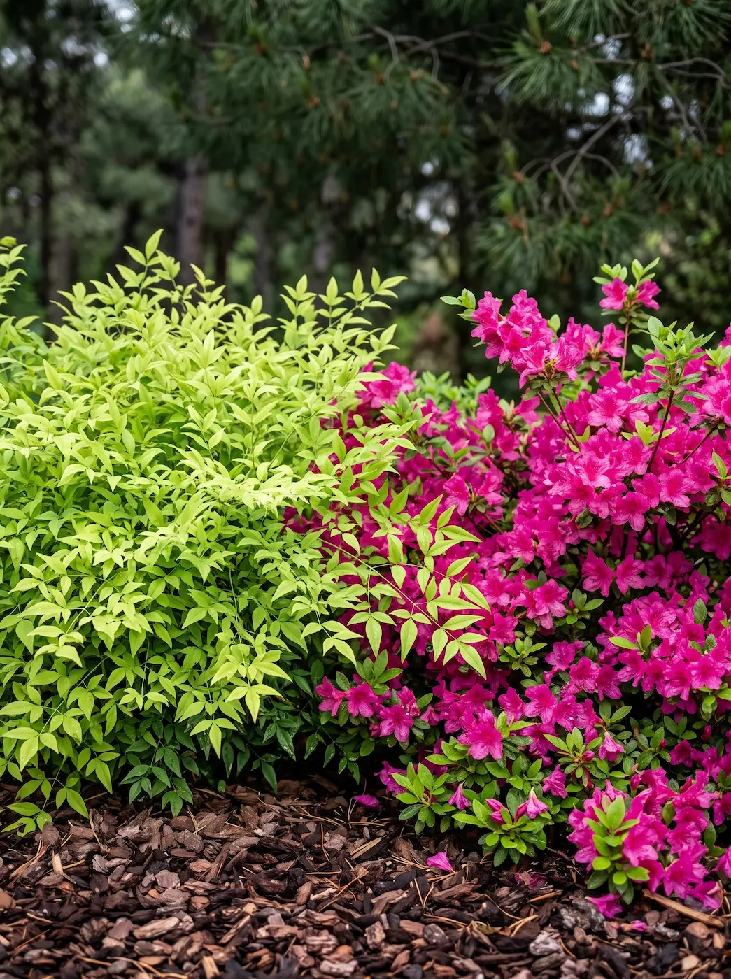 Contraste Textural De Nandina lemon  Lime Y Pinus Mugo Mughus Estructura Y Protección En Semisombra Continental Camelia Pinus Mugo Y Carex everest