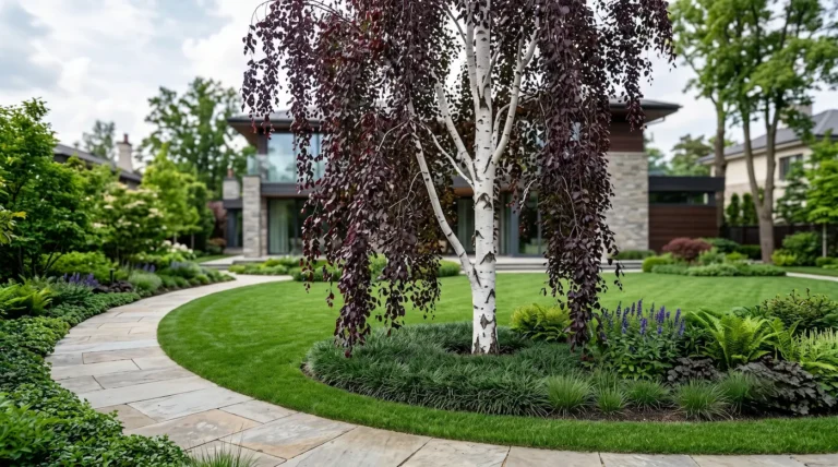 Betula pendula atropurpurea arbol lloron jardin lujo jardines con estilo Betula Pendula atropurpurea abedul Púrpura El Contraste Teatral Del Follaje Borgoña Y La Corteza Blanca
