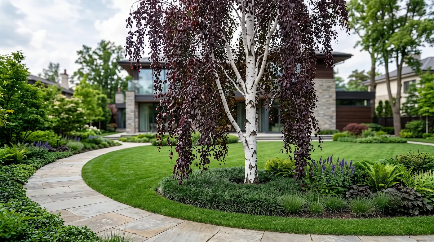 Betula pendula atropurpurea arbol lloron jardin lujo jardines con estilo Betula Pendula atropurpurea abedul Púrpura El Contraste Teatral Del Follaje Borgoña Y La Corteza Blanca'Atropurpurea' mostrando su porte llorón sobre un césped impecable, con villa moderna al fondo.
