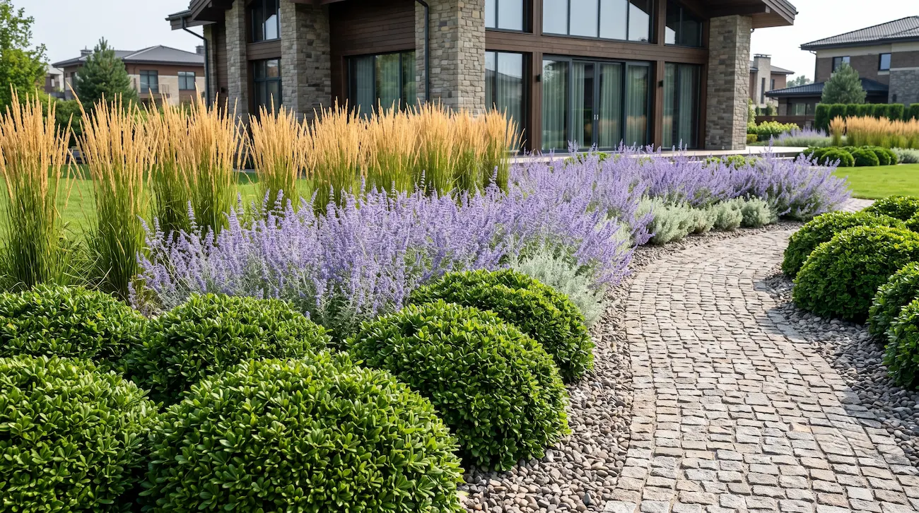 combinacion pitosporum tobira nana salvia yongii calamagrostis karl foerster y santolina | jardinesconestiloes Combinacion Pitosporum Tobira Nana Salvia Yongii Calamagrostis Karl Foerster Y Santolina El Contraste Estructural La Sinfonía Mineral En Pitosporo Y Salvia