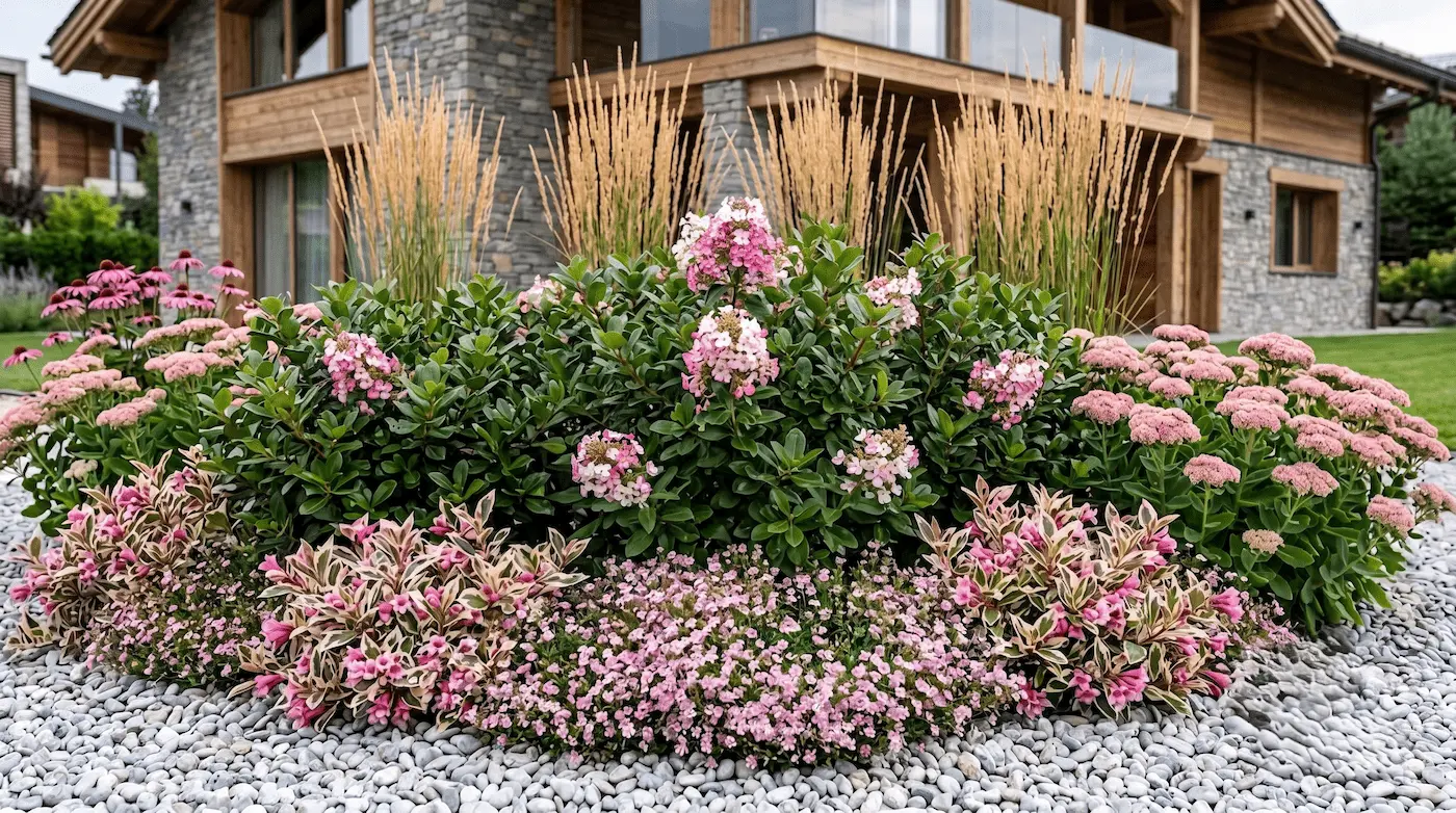 Combinacion Weigelia Escallonia Laevis Sedum La Tensión Del Rosa Arquitectura Floral Con Escallonia Weigela Y Equinácea
