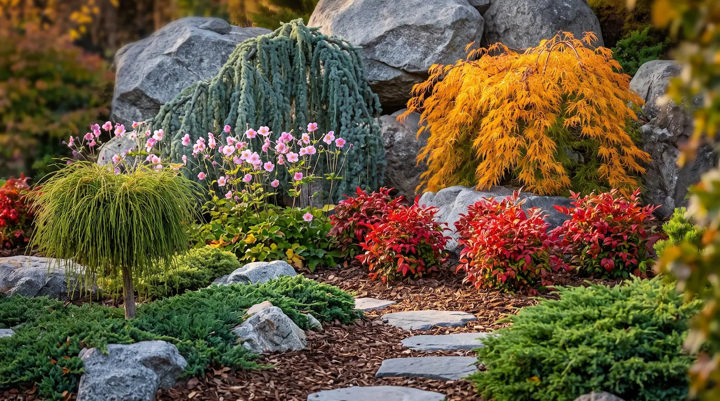 Macizo Otoñal Con Cedrus Atlantica Pendula Acer Palmatum Y Roca De Granito El Fuego Y La Gravedad Estructurando El Otoño Con Cedro Llorón Arce Y Granito'Glauca Pendula' derrama sus ramas azuladas sobre grandes rocas de granito gris. Junto a él, un Acer palmatum 'Dissectum Viridis' exhibe un follaje amarillo dorado brillante. En el plano medio, manchas rojo fuego de Nandina domestica 'Fire Power' contrastan con gráciles flores rosadas de anémonas. En primer plano, la forma desmelenada de una Thuja plicata 'Whipcord' y una alfombra rastrera de Juniperus procumbens 'Nana' abrazan la piedra.