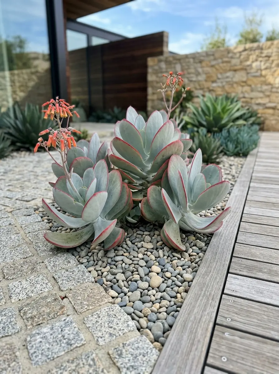 Cotyledon orbiculata bordeo grava piedra madera jardines con estilo Cotyledon Orbiculata cotiledón Escultura Plateada De Altas Prestaciones Para El Xerojardín Moderno