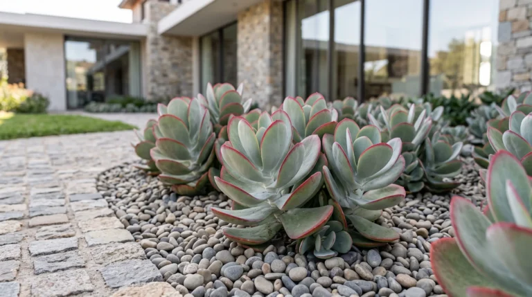 Cotyledon orbiculata con hojas carnosas grises con bordes rojos sobre grava, chalet moderno desenfocado al fondo.