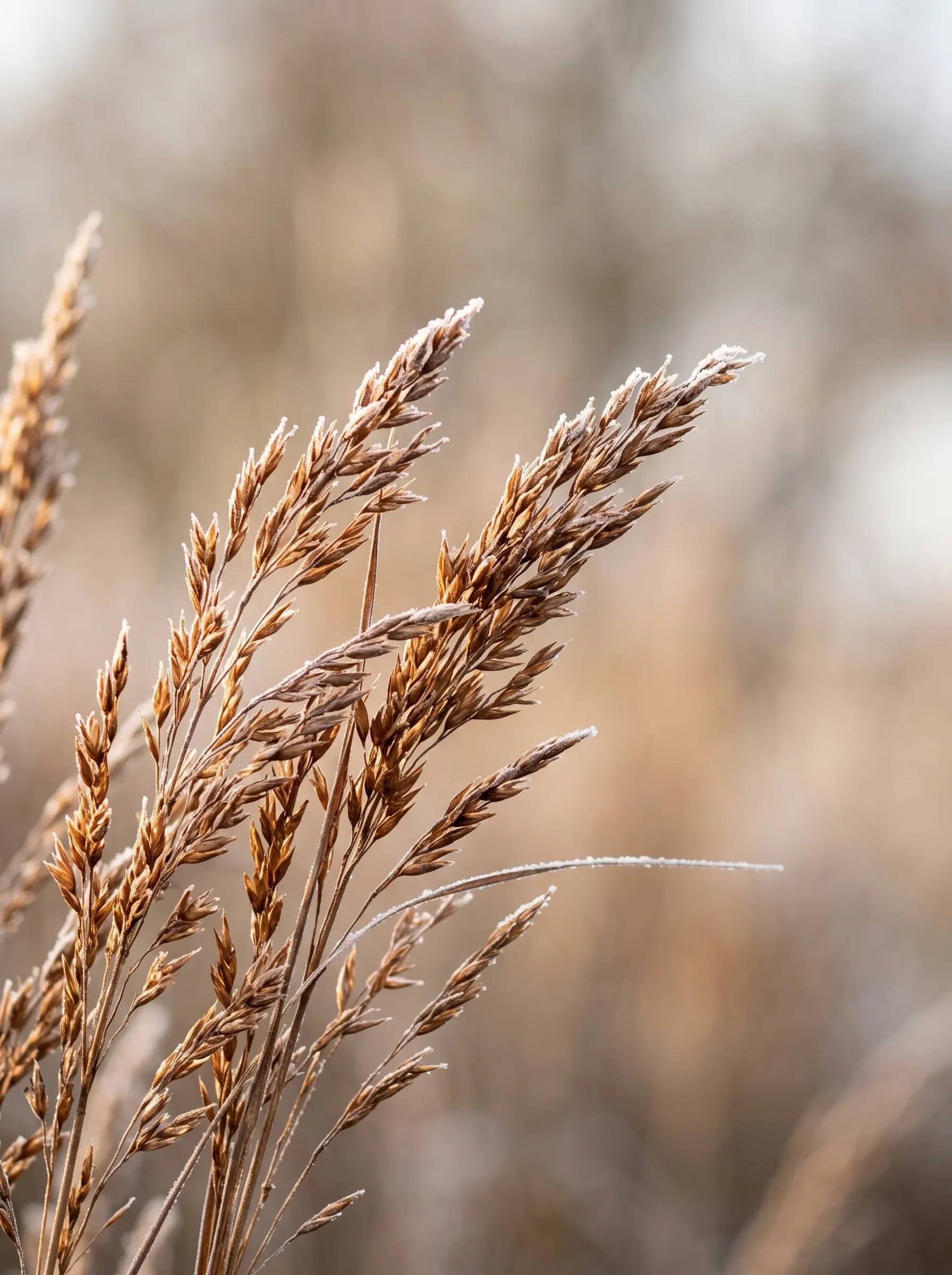 Gramíneas Cobrizas Cubiertas De Escarcha Blanca Diseñar Con El Viento La Era De Las Gramíneas