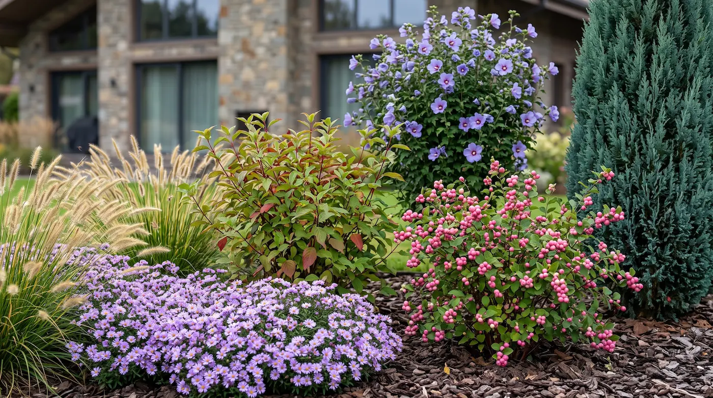 Macizo Continental De Otoño Con Hibiscus Cornus Symphoricarpos Y Aster El Clímax Del Otoño Continental Estructurando El Frío Con Altea Cornejo Y Áster