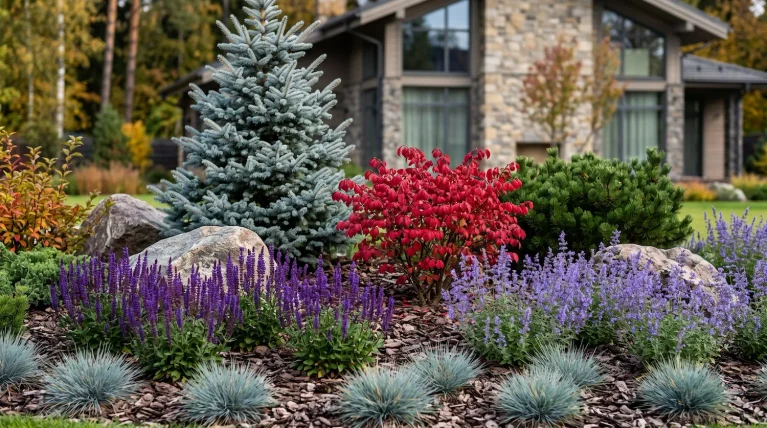 Macizo Estructurado Con Picea Euonymus Salvia Y Bloques De Granito Geometría Y Fuego Otoñal Estructurando Un Macizo Con Pícea Evónimo Y Granito