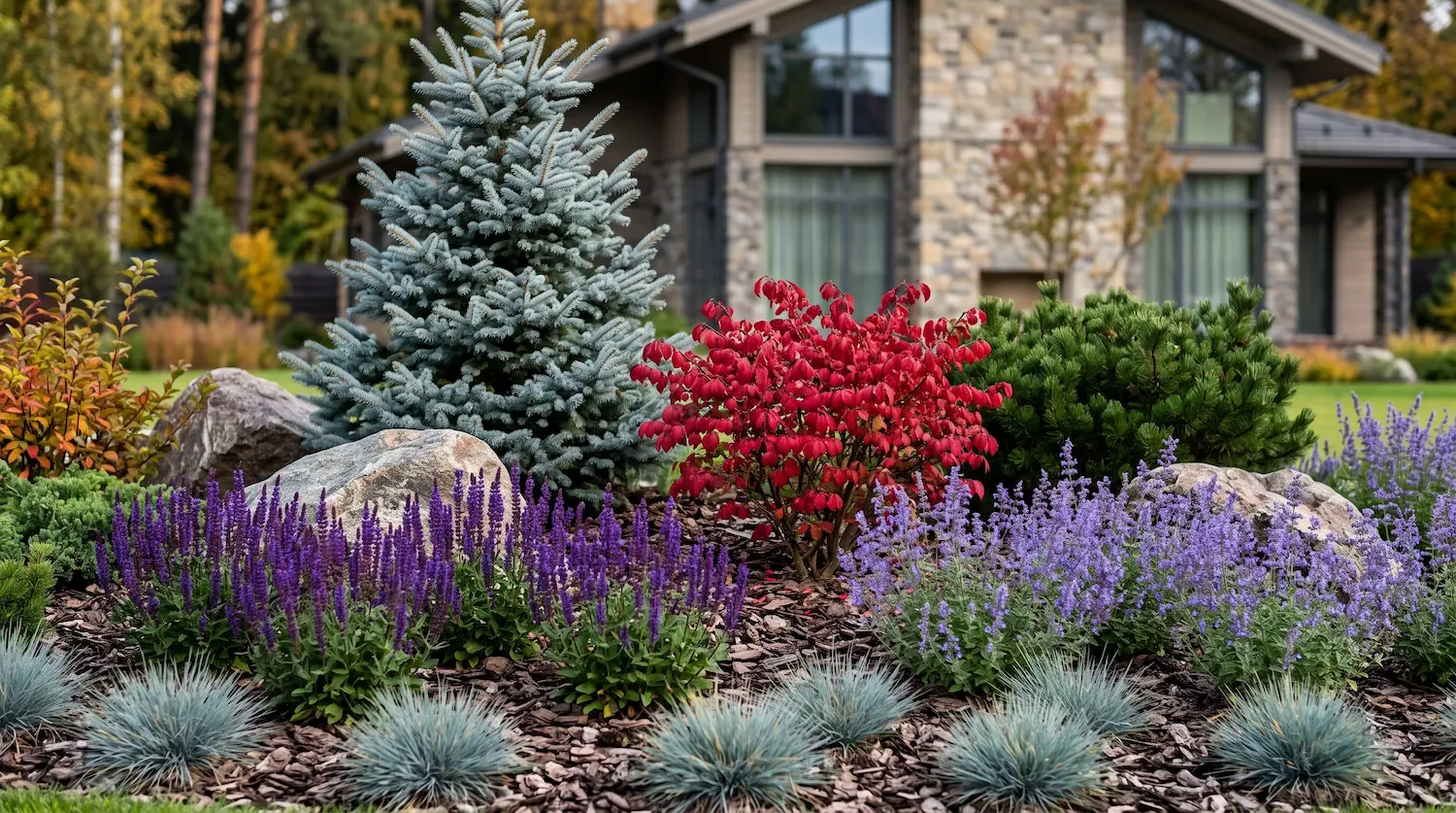 Macizo Estructurado Con Picea Euonymus Salvia Y Bloques De Granito Geometría Y Fuego Otoñal Estructurando Un Macizo Con Pícea Evónimo Y Granito'Hoopsii'. En el plano medio, un Euonymus alatus rojo carmín brillante contrasta con un Pinus mugo verde oscuro. Grandes rocas de granito natural semienterradas. Delante de los arbustos, manchas densas de espigas moradas de Salvia nemorosa y finos tallos florales de Perovskia. En la primera línea, derivas de pequeñas esferas azules de Festuca glauca. Sin fusión anatómica entre especies.