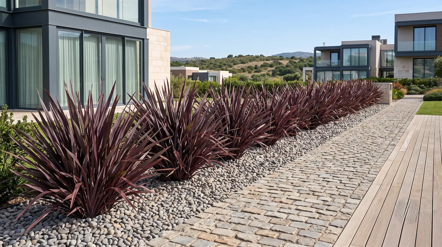 Phormium tenax purpureum estructura vertical jardin lujo jardines con estilo Phormium Tenax purpureum lino De Nueva Zelanda Púrpura Verticalidad Arquitectónica Y Drama Cromático'Purpureum' con hojas púrpuras en forma de espada en parterre de grava, junto a chalet moderno de lujo desenfocado.