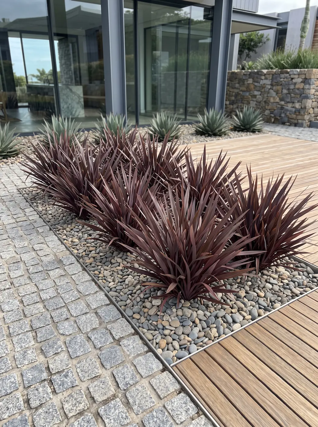 Phormium tenax purpureum friccion hardscape grava madera patina jardines con estilo Phormium Tenax purpureum lino De Nueva Zelanda Púrpura Verticalidad Arquitectónica Y Drama Cromático'Purpureum' en parterre de grava desbordando sobre pavimento de piedra natural y teca con pátina