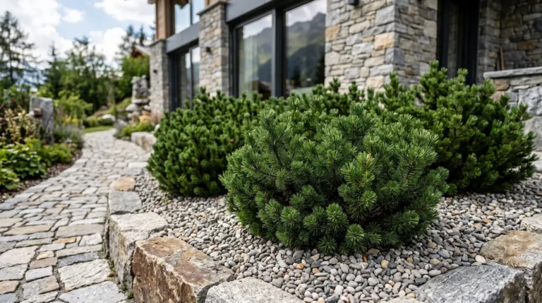 Grupo de Pinus mugo 'Mughus' formando densos montículos verde oscuro sobre grava y grandes rocas de granito, con chalet de montaña moderno de piedra al fondo.