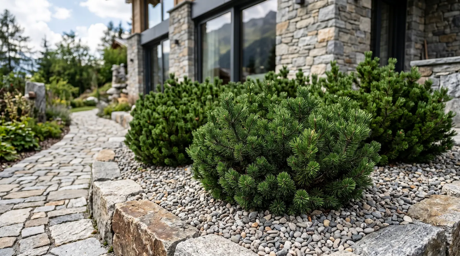 Pinus mugo mughus estructura alpina jardin lujo jardines con estilo Pinus Mugo mughus pino Negro Enano Estructura Alpina Y Volumen Perenne'Mughus' formando densos montículos verde oscuro sobre grava y grandes rocas de granito, con chalet de montaña moderno de piedra al fondo.