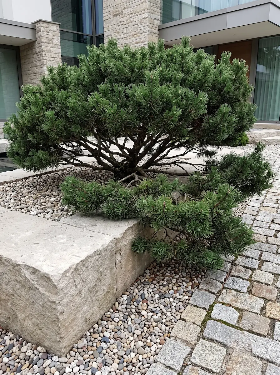 Pinus mugo mughus rocalla piedra natural patina jardines con estilo Pinus Mugo mughus pino Negro Enano Estructura Alpina Y Volumen Perenne'Mughus' en parterre de grava desbordando sus ramas estructuradas sobre grandes bloques de piedra natural pulida con pátina