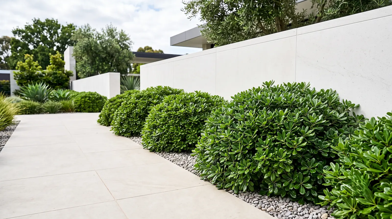 pitosporum tobira nana cabecera | jardinesconestiloes Pitosporum Tobira Nana Cabecera Pitosporo Enano pittosporum Tobira nana El Volumen Esférico Perfecto Para El Jardín Estructural'Nana' en forma de montículo orgánico junto a muro moderno de piedra caliza.