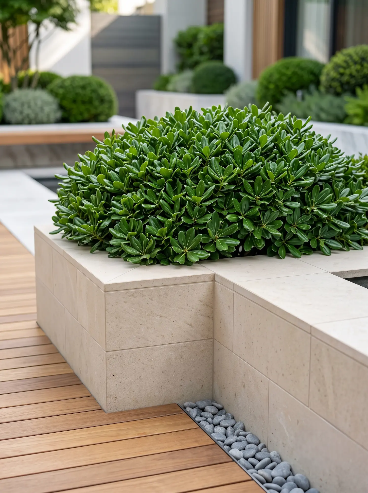 pittosporum tobira nana | jardinesconestiloes Pittosporum Tobira Nana Pitosporo Enano pittosporum Tobira nana El Volumen Esférico Perfecto Para El Jardín Estructural'Nana' en su forma natural junto a tarima de madera tecnológica en terraza de diseño.