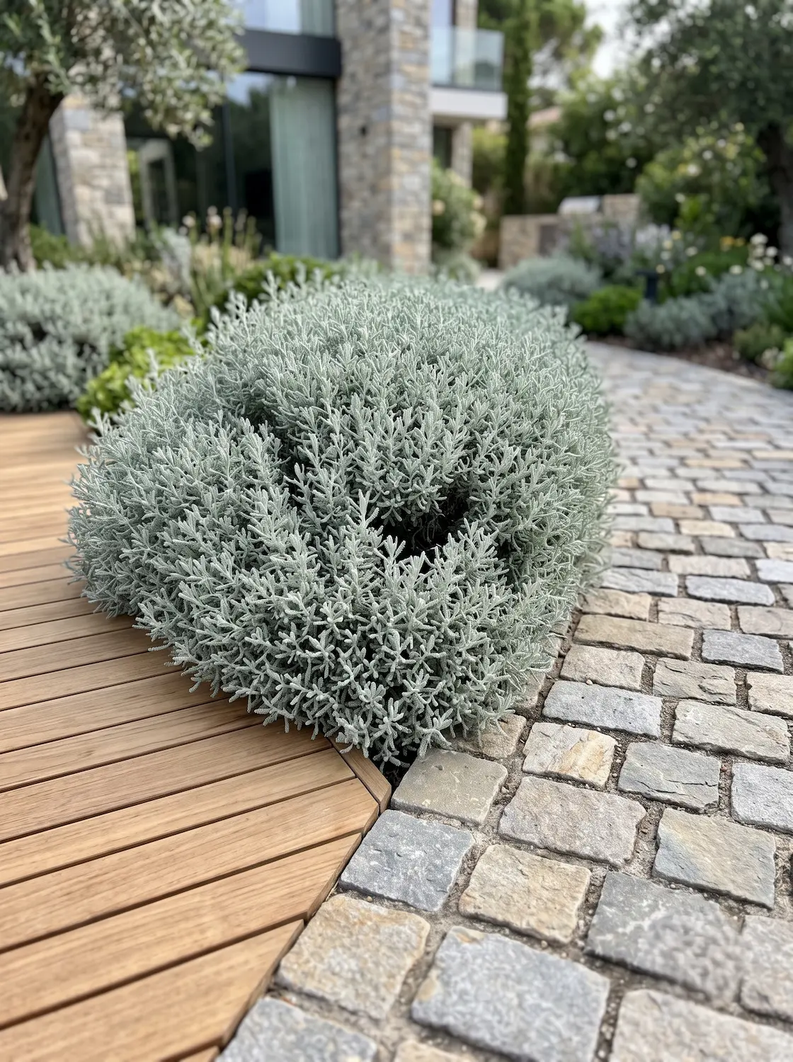 Santolina chamaecyparissus bordeo grava madera patina jardines con estilo Santolina Chamaecyparissus santolina El Cojín Plateado De La Arquitectura Mediterránea