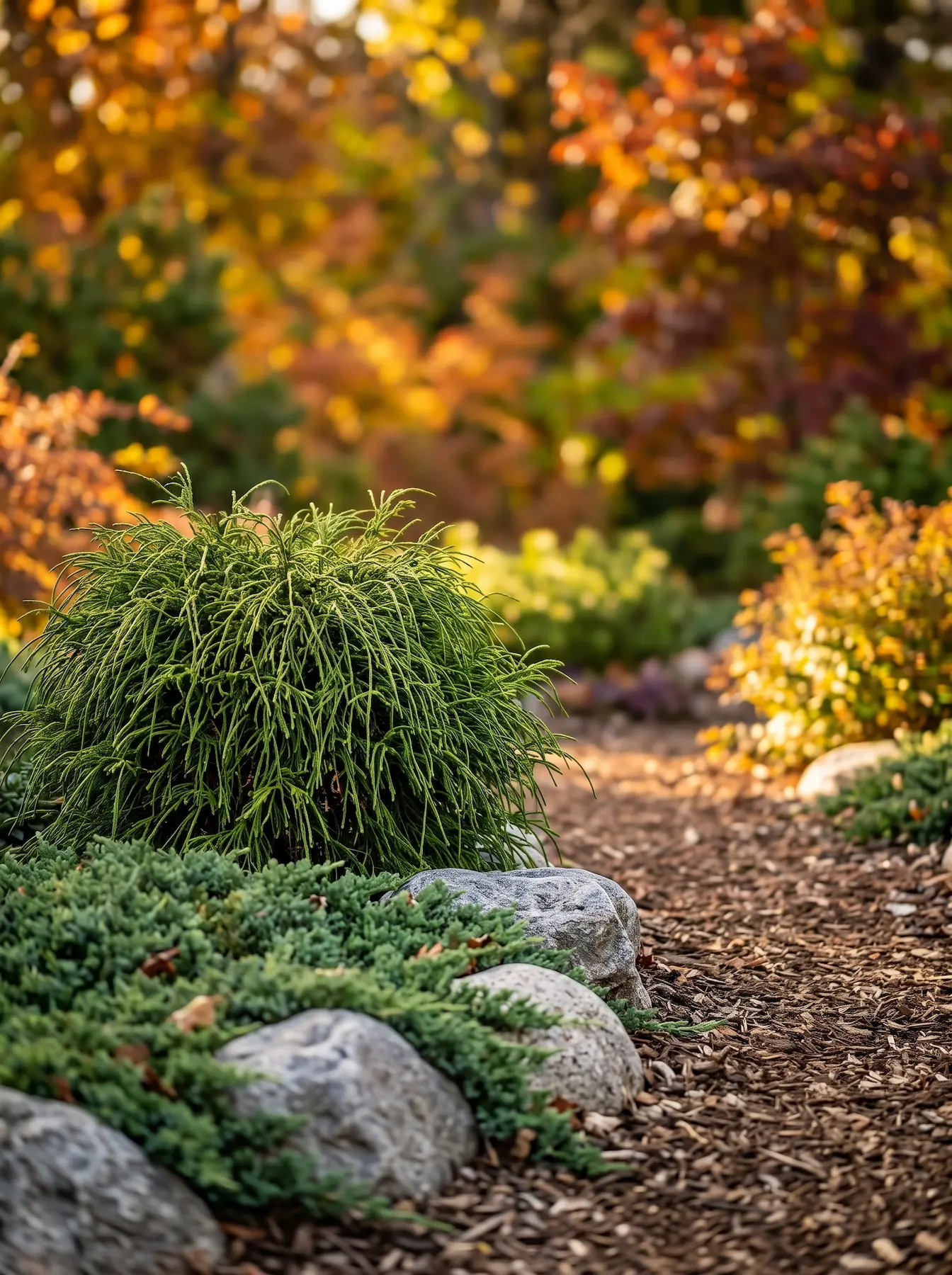 Thuja Whipcord Juniperus Procumbens Y Pasos Japoneses El Fuego Y La Gravedad Estructurando El Otoño Con Cedro Llorón Arce Y Granito