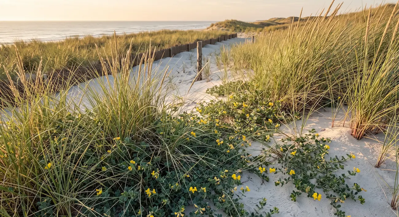 Vegetación Dunar Con Plantas De Barrón Y Cuernecillo De Mar Fijando La Arena Infraestructura Verde Contra El Atlántico Por Qué La Restauración Dunar En Cádiz Y Huelva Es Más Rentable Que El Hormigón
