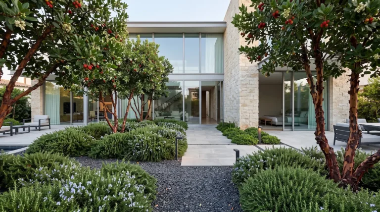 Arquitectura residencial moderna de piedra y cristal con vegetación endurecida de madroños y romero, cobertura total sin suelo visible.